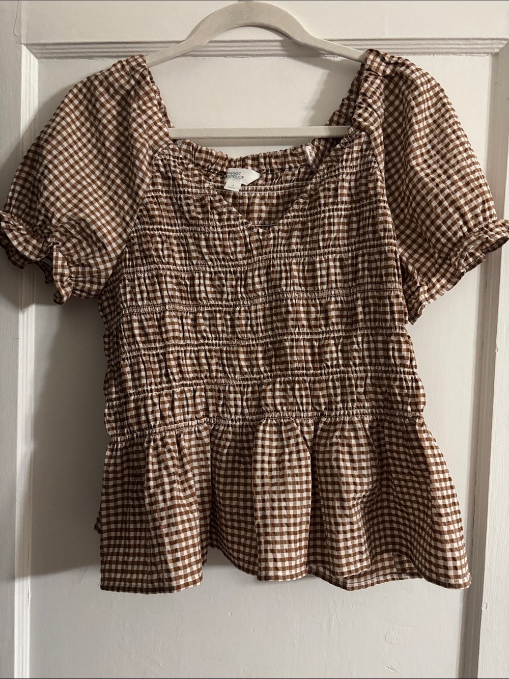 Market & Spruce Brown and White Gingham Smocked Peplum Top